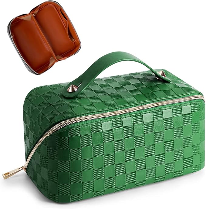 Cessfle Large Capacity Travel Cosmetic Bag Plaid Checkered Makeup Bag Portable Leather Waterproof Skincare Bag with Handle & Divider for Women, 01-Green