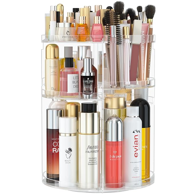 360° Rotating Makeup Organizer, DIY 7 Adjustable Layers Spinning Holder, Large Capacity Cosmetic Storage Box Skincare Perfume Organizer for Vanity Countertop (Small Ultra Clear)
