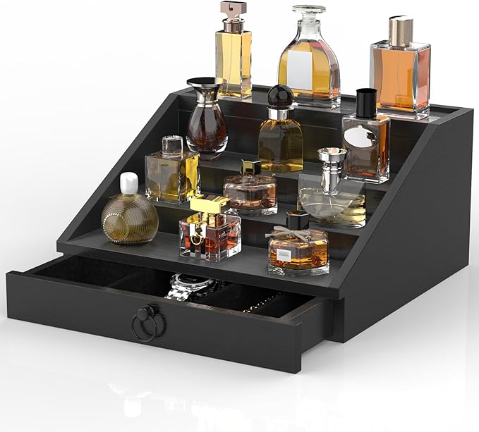 Wooden Cologne Organizer for Men Enhanced 4 Tier Cologne Stand Shelf Perfume Organizer with Velvet Lined Drawer & Hidden Storage Perfume Display Holder for Dresser Nice Gift (Classy Black)