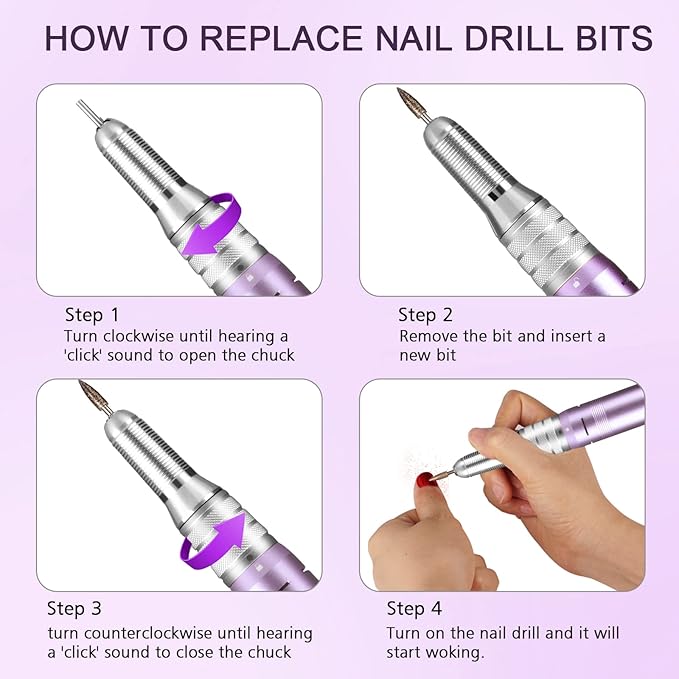 35000RPM Portable Nail Drill Machine, HoMove Professional Nail Drill Machine, Rechargeable Electric Efile Nail Drills for Acrylic Gel Nails, Cordless Portable Nails Drill【Purple】