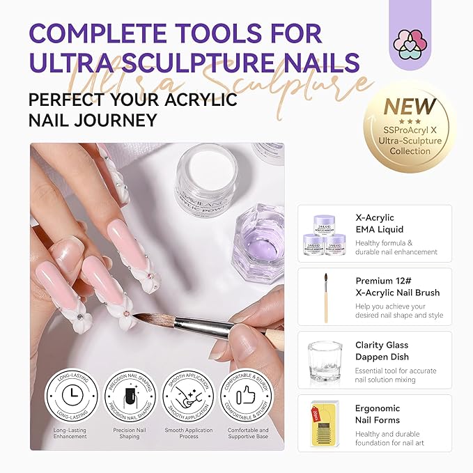 SAVILAND Acrylic Nail Kit for Beginners: White Pink Clear Acrylic Powder and Liquid Set with EMA Acrylic Liquid Monomer Nail Brush Forms Tools and Cuticle Essentials Oil for Nails Home Manicure DIY