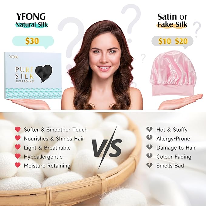 YFONG 100% 22 Momme Mulberry Silk Bonnet for Sleeping Women, Larger Double Layer Silk Hair Wrap for Curly Short Long Hair, Non-Slip Sleep Cap Turban with Elastic Tie Band for Hair Care, Black