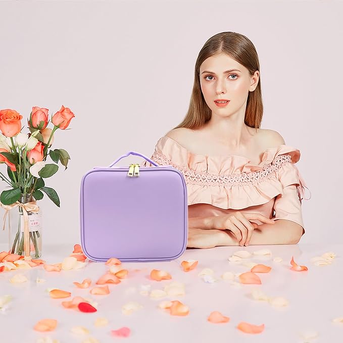 Travel Makeup Bag with Lighted Mirror, Makeup Organizer Bag with 3 Color Modes Adjustable Brightness, Makeup Bag with Mirror and Lights Portable Cosmetic Bag Tools Accessories Gift (Purple)