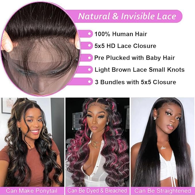 12A Body Wave Human Hair Bundles with Closure (20 22 24+18,Free Part) Closure with 3 Bundles Brazilian Virgin Hair Extensions with Pre Plucked with Baby Hair 5X5 HD Lace Closure Natural Black Color