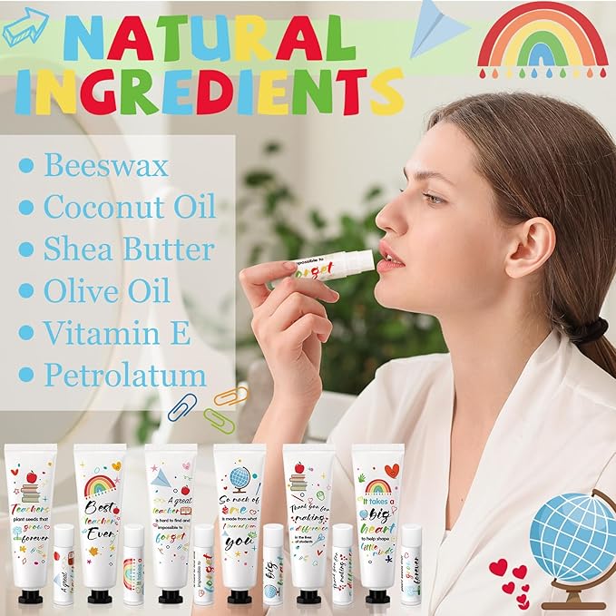 48 Set Teacher Appreciation Gifts Lip Balm Hand Cream Thank You Gifts with Cards Organza Bags Travel Size Moisturizing Hand Lotion for Dry Crack Hand Teachers' Day