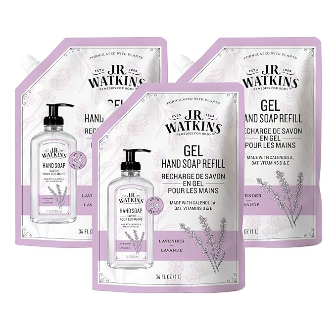 J.R. Watkins Gel Hand Soap Refill, Moisturizing Hand Wash, All Natural, Alcohol-Free, Cruelty-Free, USA Made, Lavender, 34 Fl Oz (Pack of 3)