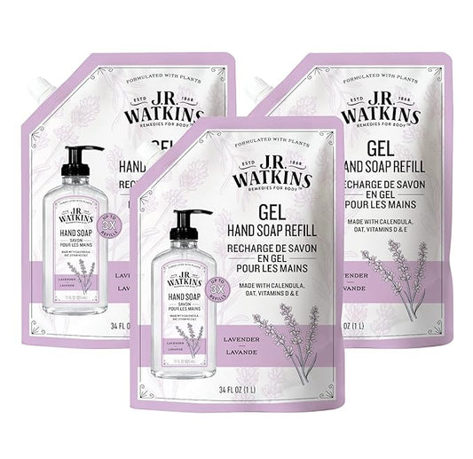 J.R. Watkins Gel Hand Soap Refill, Moisturizing Hand Wash, All Natural, Alcohol-Free, Cruelty-Free, USA Made, Lavender, 34 Fl Oz (Pack of 3)