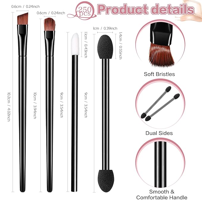 250 Pieces Disposable Eyebrow Brushes Makeup Brush Set, 100PCS Angled/Round Eyebrow Brushes 50PCS Double-End Eyeshadow Brushes, 100PCS Lip Brushes for Women Girls Salon Beauty Cosmetic Make up Tool