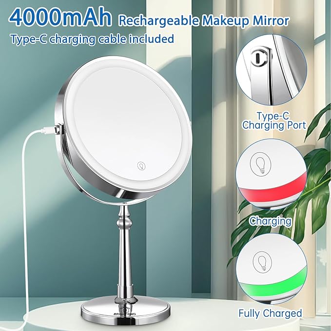 9" Large Lighted Makeup Mirror, 1X/10X Magnifying Mirror with Lights, 360 Rotate Touch Screen Vanity Light up Mirror with 3 Color Lights, Brightness Adjustable