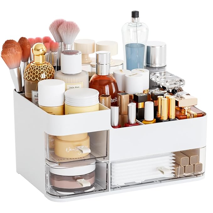 White Makeup Organizer With 3 Drawers, Large Capacity Plastic Cosmetic Storage for Dresser and Vanity, Ideal for Beauty, Perfume, Brushes, Skincare, Bathroom Organizers and Storage Counter
