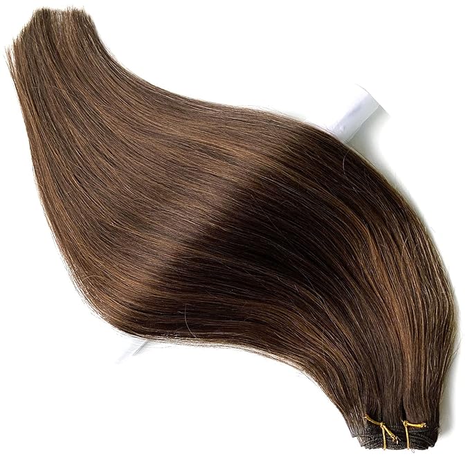 Sew in Hair Extensions Real Human Hair, Hand Tied Weft Hair Extensions 20 Inch Dark Brown Balayage Light Brown Highlights Hair Wefts Straight Human Hair Weft Extensions Weaves Bundles 100G for Women