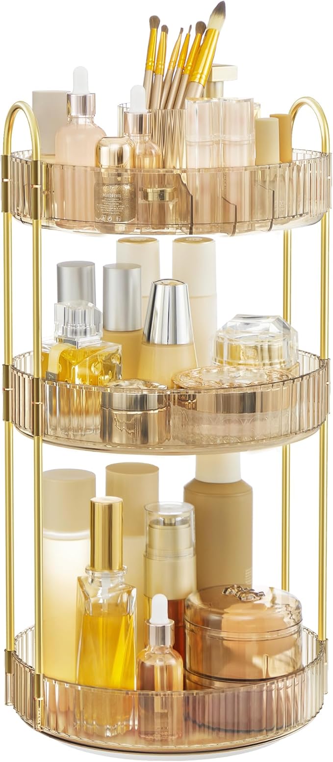 SONGMICS Makeup Organizer, 3-Tier Round Rotating Skincare Organizer Countertop, Customizable, Toiletries Vanity Organizer, Lazy Susan, Gift for Mom, Champagne Gold UJKA011A01