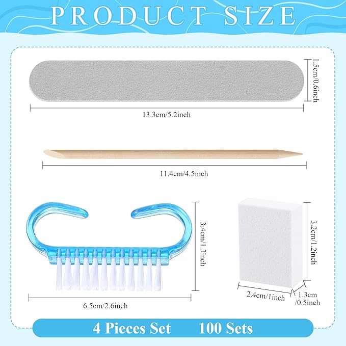 100 Sets Professional Disposable Manicure Kit Basics 4 Piece Nail Kit Wood Nail File 100/180 Grit, Mini Buffer 80/100 Grit, Wood Stick and Handle Grip Brush Gifts (Blue)