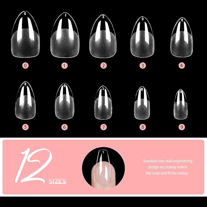 Short Almond Gel Nail Tips, 240pcs Soft Acrylic Fake Nails, 12 Sizes Half Matte Pre-shape Full Cover False Nail Tips Press on Nails Tips Set for Nail Extension Salon DIY