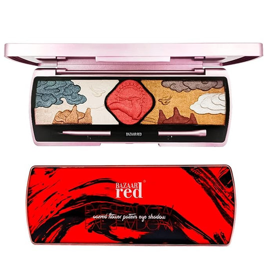 Xaena Carved Flower Pattern Eyeshadow Palette Colorful Eye Makeup in 9 Shades of Eyeshadow and Blush with Eyeshadow Brush and Makeup Mirror - Embossed Makeup Palette for Creative Looks