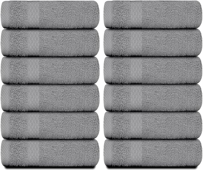 White Classic Light Grey Luxury Cotton Washcloths 12 Pc Set - Large 13x13 Inches Hotel Style Face Towel, High Absorbent Quick Dry Wash Cloths for Home, Spa, Gym, Light Grey, 12 Pack