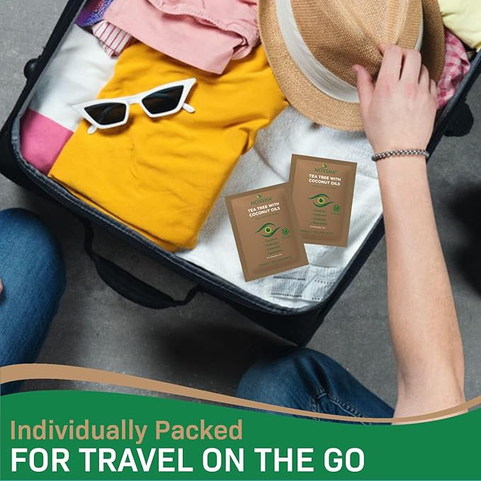 NOVEHA Tea Tree & Coconut Oil Eyelid & Lash Wipes | For Demodex, Blepharitis & Itchy Eyes, Box Of 60 Individually Wrapped Eyelash Wipes With Aloe Vera, Natural Makeup Remover & Daily Eye Cleanser