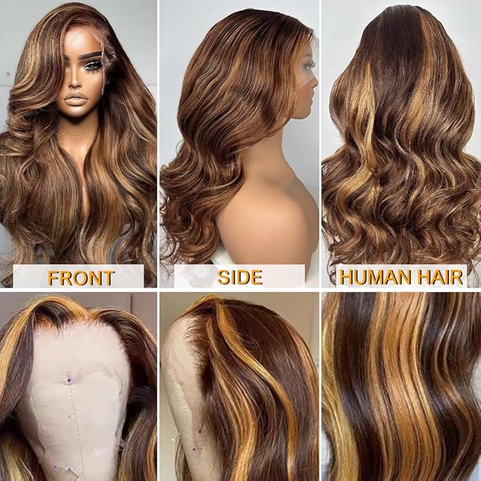 Azkiu Highlight Ombre Lace Front Wig Human Hair 13x4 HD 4/27 Honey Blonde lace frontal Wigs Pre Plucked with Baby Hair150% Density Colored Body Wave Lace Front wig Human Hair Natural Hairline 26Inch