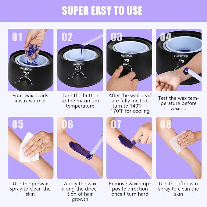 Waxing Kit for Women - Premium Hot Melt Hard Wax Warmer for Hair Removal, Eyebrow, Bikini, Legs, Face, Brazilian Wax - Machine, 5-Pack Beads, Accessories, Black