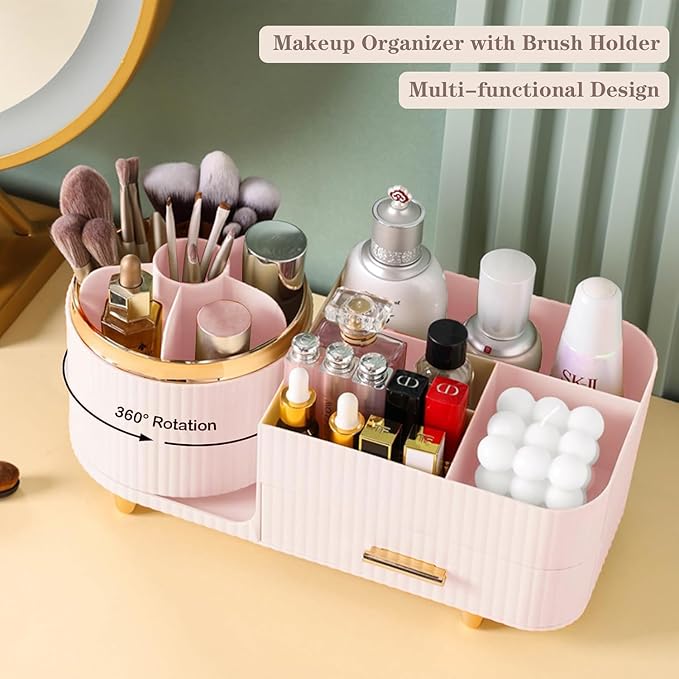 Rotating Makeup Organizer for Vanity with Brush Holder and Drawer, Cosmetic Makeup Storage, Large Spinning Makeup Skincare Organizer, Countertop Makeup Perfume Organizer, Lotions Display Case (Pink)