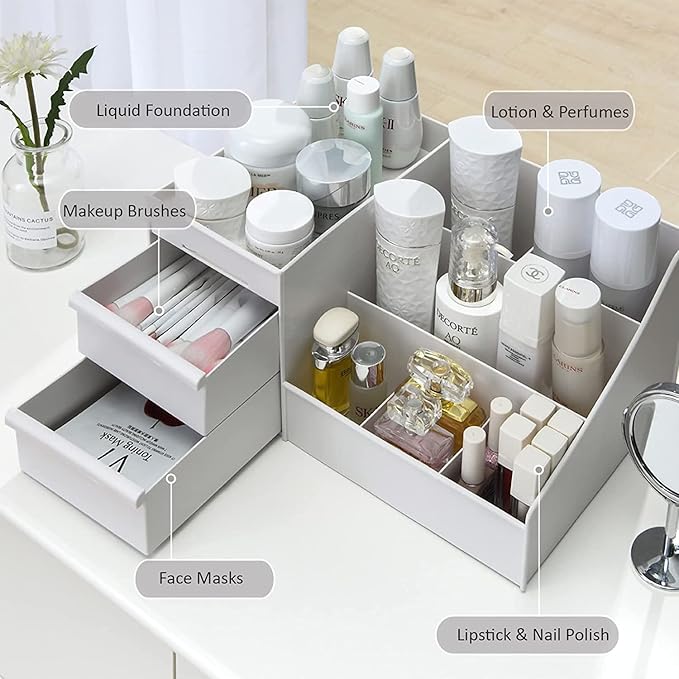 skin care organizer,Makeup Desk Organizer With Drawers,Countertop Organizer for Cosmetics,Vanity brush with Holder for Lipstick, Brushes, Eyeshadow, and Jewelry Desktop Finishing Dresser (White)