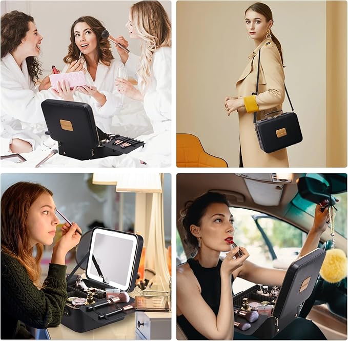 Mocado Travel Makeup Bag with LED Lighted Mirror,Makeup Case with 3 Color Lighted Setting and 10x Magnifying Mirror, Portable Storage and Adjustable Dividers (Black with Hard Leather)