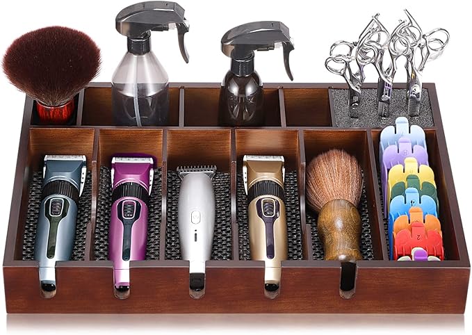 Noverlife Wooden Barber Clipper Tray, Anti-slip Hairdresser Clipper Organizer, Wood Barber Table Collector, Professional Hair Trimmer Holder, Cosmetic Container Razor Tool Case Box with 5 Slots