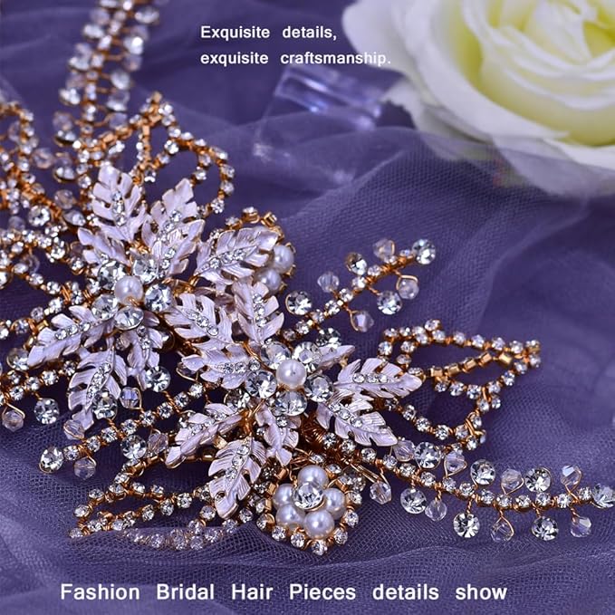 Wedding Head Pieces Crystal Bridal Hair Clips Women's Handmade Bridal Rhinestone Wedding Party Hair Accessories (Gold)