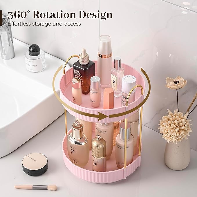 Aveniee 360 Rotating Makeup Organizer for Vanity, Skincare Perfume Organizers Large Capacity, Bathroom Countertop Organizer and Storage, Clear Cosmetics Lipstick Holder for dresser(2 Tiers, Pink)