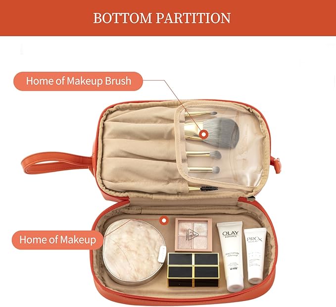 Abiudeng Large Capacity Makeup Bag Ladies Cosmetic Bag Travel Bag with Compartments Portable PU Leather Travel Makeup Bag with Handle