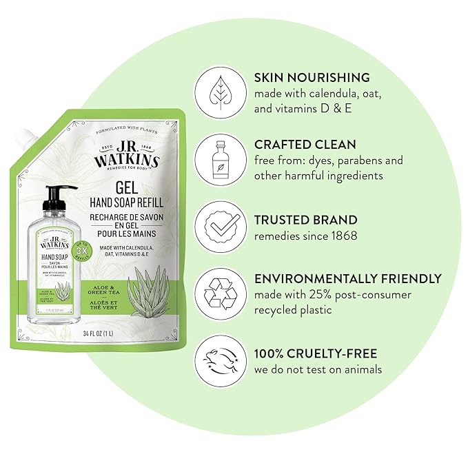 J.R. Watkins Gel Hand Soap Refill, Moisturizing Hand Wash, All Natural, Alcohol-Free, Cruelty-Free, USA Made, Aloe Green Tea, 34 Fl Oz, 3 Pack