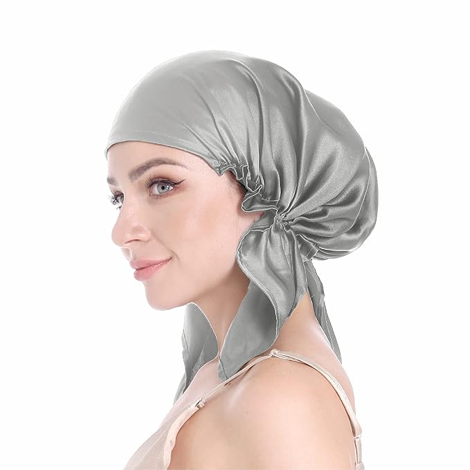 100% Silk Bonnet for Sleeping, Hair Bonnet with Tie Band, Large Silk Sleep Cap for Curly Hair, Silk Hair Wrap for Hair Care Gray