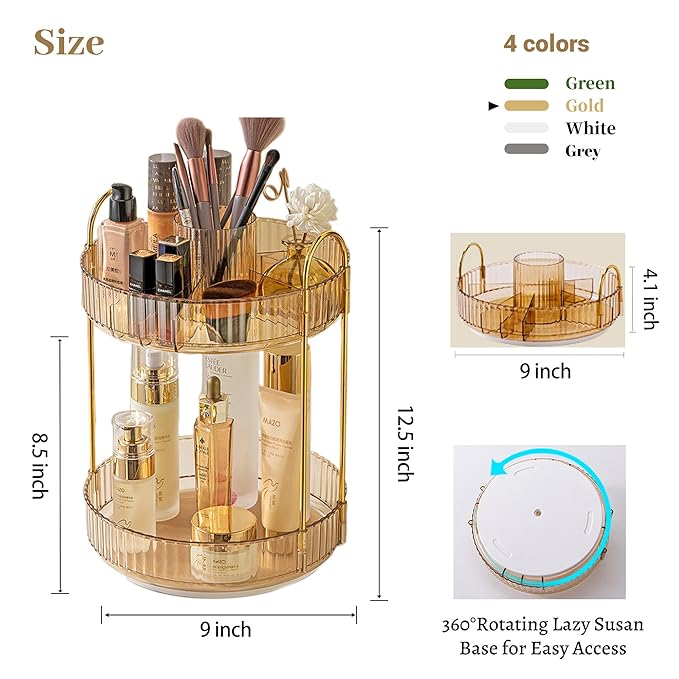 Aveniee 360 Rotating Makeup Organizer for Vanity, Upagraded Perfume Skincare Bathroom Counter Organizers with Brush Divider, Two Tier Spinning Lipstick Cosmetic Makeup Lotion Storage Organizer(Gold)