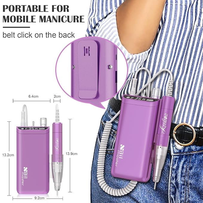 Kredioo Nail Drill, Nail Drills for Professional Acrylic Nails 35000RPM Rechargeable Portable Electric File Drill Machine with 10 Bits Set Quickly Remove Gel Polish Salon Quality Manicure-Purple