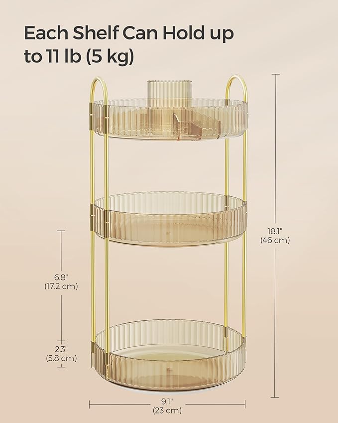 SONGMICS Makeup Organizer, 3-Tier Round Rotating Skincare Organizer Countertop, Customizable, Toiletries Vanity Organizer, Lazy Susan, Gift for Mom, Champagne Gold UJKA011A01
