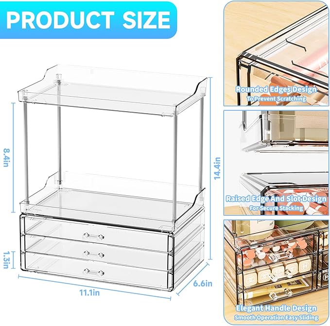 2 Tier 3-Drawer Bathroom Counter Storage Organizer - Stackable Design - 14.4" Tall Large Cosmetic Organizer Suitable as Makeup,Beauty,Face Product,Lotion,Skincare Organizer,Clear