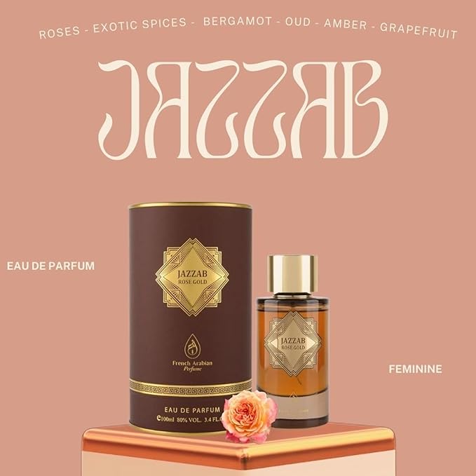 Jazzab Rose Gold Arab Perfume 100ml –Rose Woody Amber Oud Perfume For Her Eau De Parfum 100ml Fresh Scent Spray for Women