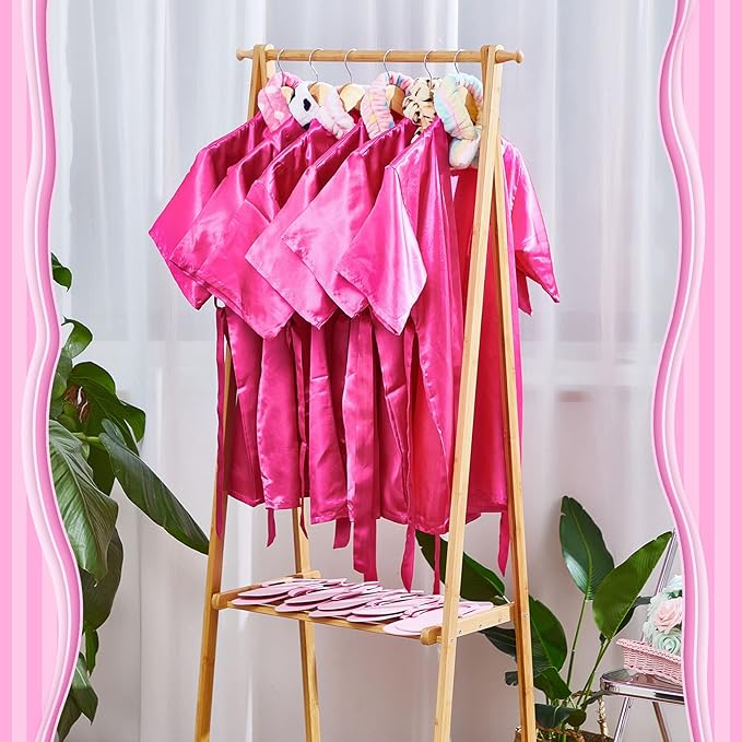 Jecery 18 Pcs Spa Party Supplies for Girls 6 Satin Kimono Robe 6 Spa Headband 6 Disposable Foam Pedicure Slippers (Rose,Size 12)