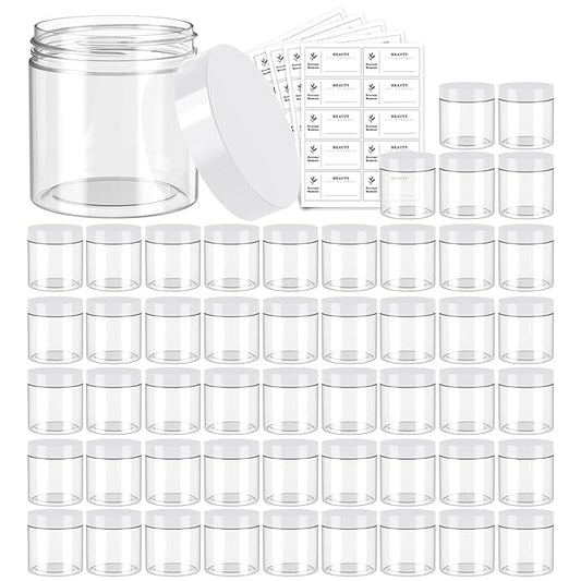 50 Pack 4 OZ Plastic Jars Round Clear Cosmetic Container with White Lids, Eternal Moment Slime Jars for Lotion, Cream, Ointments, Makeup, Eye shadow, Rhinestone, Samples, Pot, Travel Storage