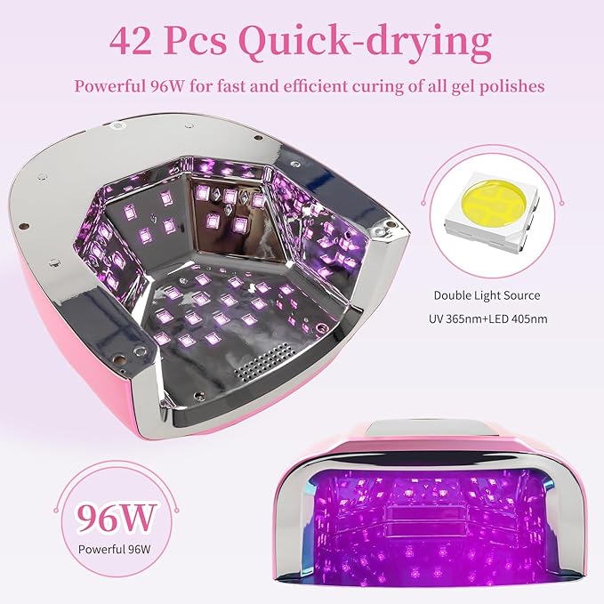 96W Rechargeable UV LED Nail Lamp, Portable Cordless UV Light for Nails with LCD Display Auto Sensor, 4 Timer Setting and Smart Sensor Nail Dryer,Nail Cure Light with Removable Bottom(Pink)