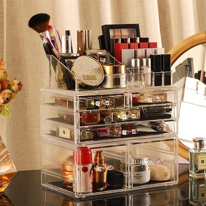 Cq acrylic 3 Pack Clear Makeup Storage Organizer,Stackable 6 Drawers Make Up Organizers,Cute Desk Organizer for Vanity Jewelry,Hair Clip,Beauty,Skincare Product Bathroom Counter Organizers and Storage