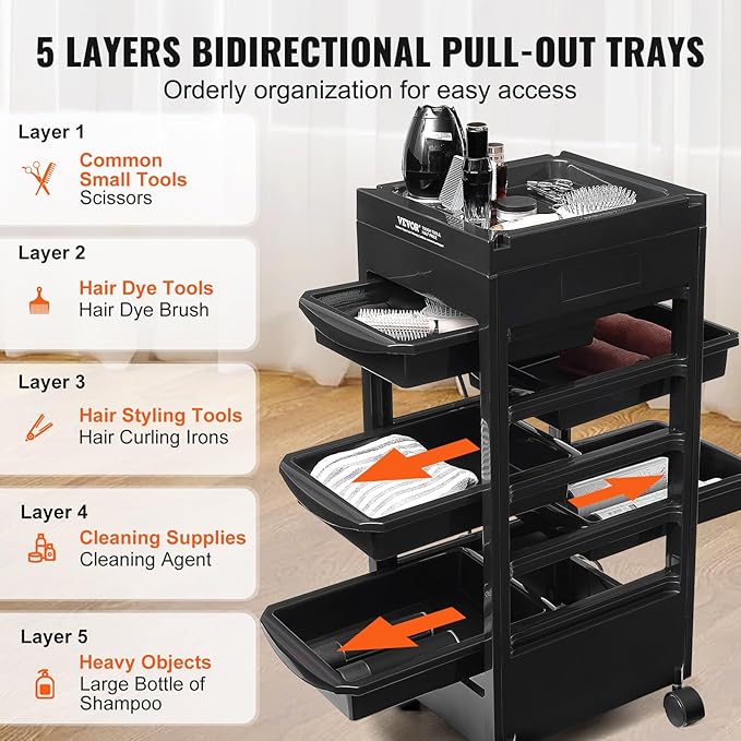 VEVOR Beauty Salon Trolley Cart, Plastic Salon Rolling Cart for Stylist with 5 Removable Drawers & Dryer Holder, Rolling Hairdressing Cart with 4 Wheels (2 Lockable) for Beauty SPA Barbershop