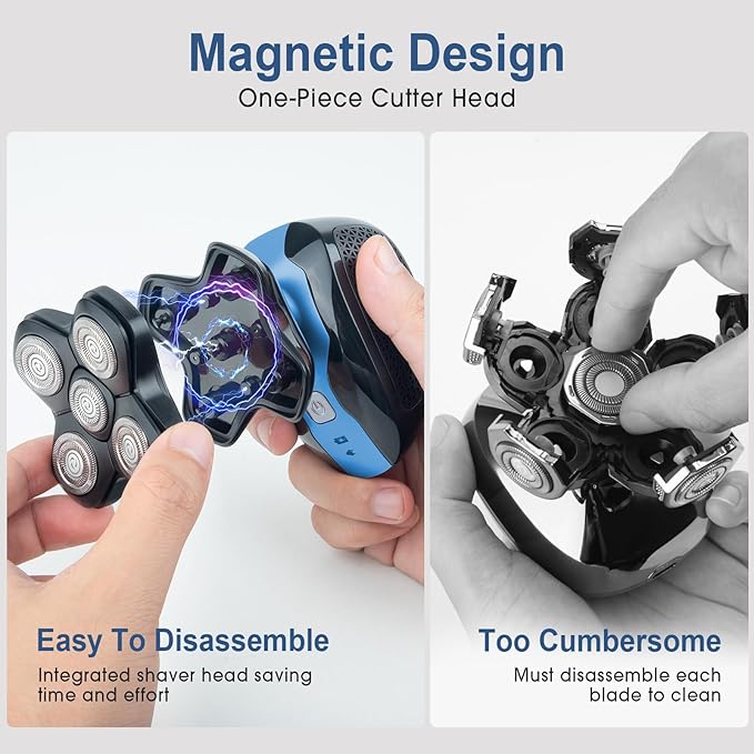 Upgrade Magnetic Head Shavers for Bald Men, Cordless & Comfort 5-in-1 Electric Razor - IPX7 Waterproof Wet/Dry Mens Grooming Kit - Easy Use Palm Shaver for a Smooth Bald Shave