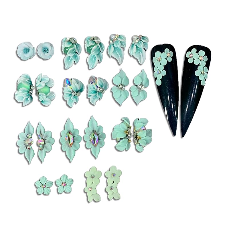 3D Acrylic Flower Nail Art Charms Handmade by Acrylic Powder - 24pcs Flowers Nail Rhinestones Kit 3D Crystal Nail Pearls Design Acrylic Nail Art for Women (Turquoise)