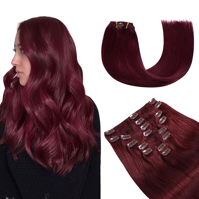 YILITE Hair Extensions Clip in Human Hair 8Pcs 120Gram/Pack Burgundy Silky Remy Human Hair Double Weft Straight Real Hair Extensions Clip ins Thick (18inches #99J Burgundy)