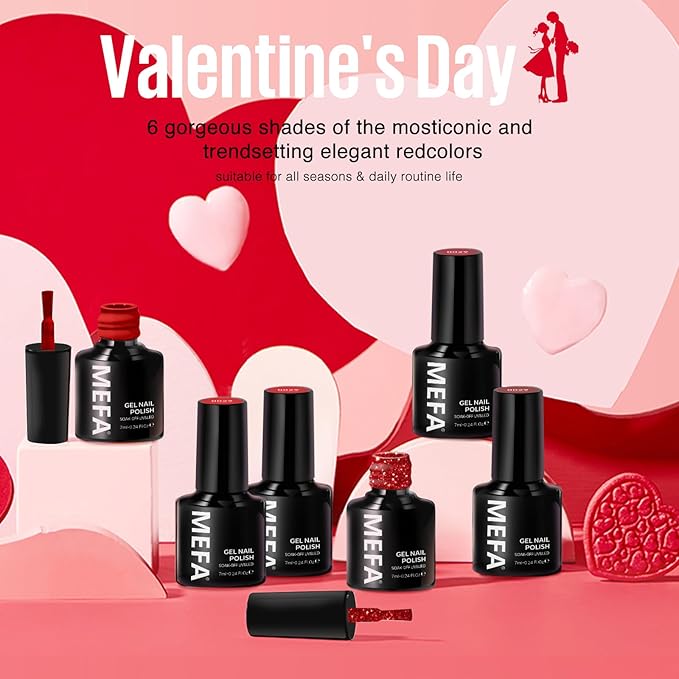 MEFA Red Gel Nail Polish Set, 6 Colors Gel Polish Kit Popular Burgundy Glitter Nail Polish Soak Off Rose Dark Red Shimmer DIY Home Salon Manicure Gifts for Women Girls 2025