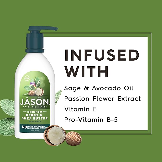 JASON Herbs and Shea Butter Moisturizing Body Wash, For a Gentle Feeling Clean, 30 Fluid Ounces