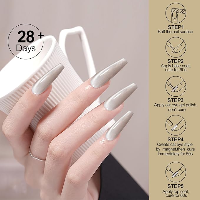 Adhere 5pcs 12ML Cat Eye Gel Nail Polish with Magnet, Smooth Wide Cat Eyes Delicate Moonlight White Ceramic Crystal Transparent Color Pink Brown Gel Polish