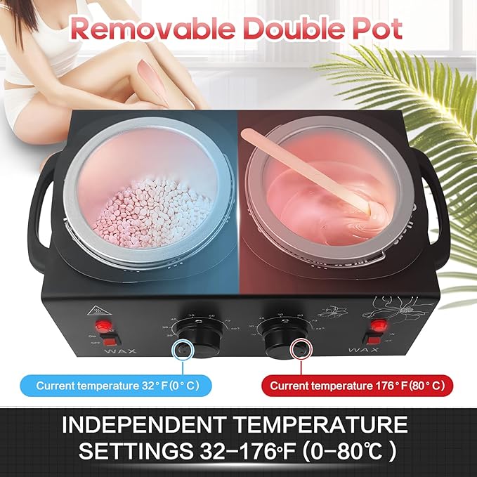 1.2L Double Wax Warmer Machine Wax Pot for Hair Removal, Professional Electric Wax Heater with Adjustable Temperature Set for Women Men with 40PCS Wooden Wax Sticks and Two Silicone Bowls