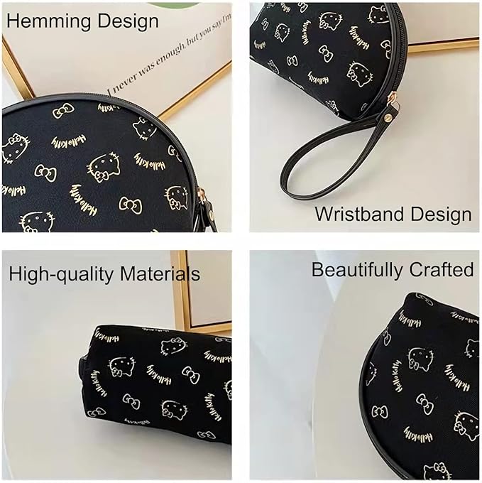 AmBealla Small Cosmetic Bag Portable Storage Bag for Women,Cute Compact Makeup Bag for Keys and Phone, Black Hot Stamping Pattern Cotton Organizer with Wristband,Portable Mini Bag for girls